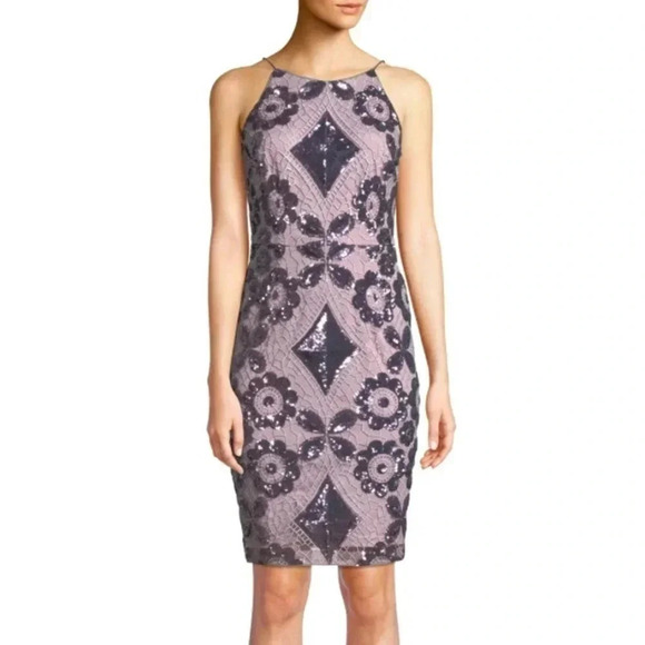 Aidan Mattox Spaghetti Strap Boat Neck Zipper Back Sequin Embellished Mesh Dress - Picture 2 of 10